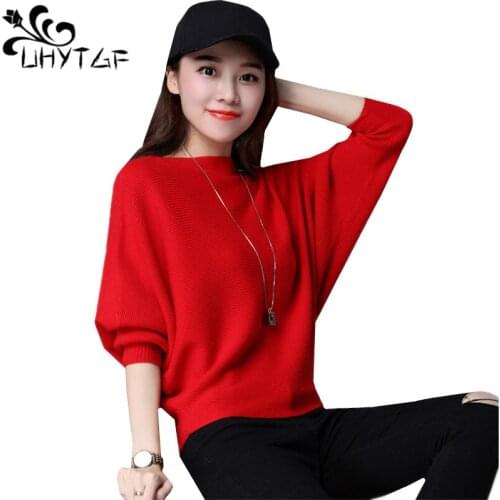 UHYTGF New Spring short Women Sweater Autumn Batwing Sleeve Knit Sweater Pullover Slash neck Loose Plus size Sweater Female 654