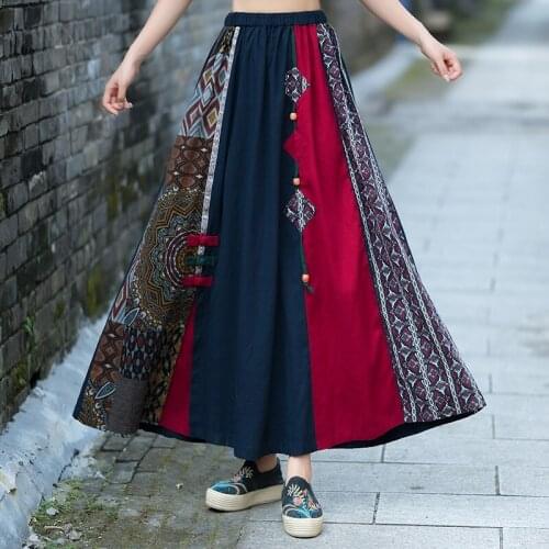 Vintage Long Skirt Asymmetrical Patchwork Women Clothes 2021 New Autumn National Style Leisure Loose Cotton Women Skirts FF3084