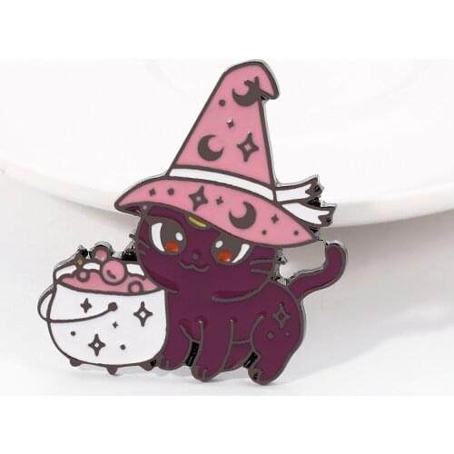 Magic Witch Hat Black Cat Metal Enamel Pins Cute Kitten Brooch Pin for Clothes Backpack Witchcraft Cartoon Jewelry Birthday Gift