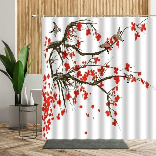 Chinese Landscape Painting Shower Curtain Blossom Flower Birds Bathroom Decors 3D Waterproof Floral Printed Fabric Bath Curtains