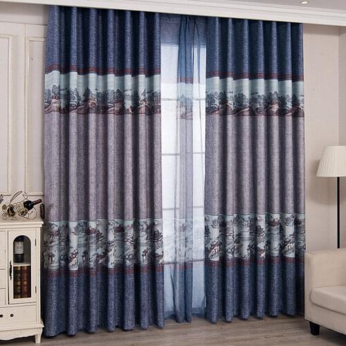 Chinese Ink Printing Blackout Curtains for Living Room Characters/Architecture Curtain for Bedroom Hand Drawing Curtain Fabric