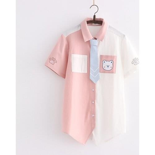 Harajuku Cute Bear Cartoon Blouse Girls Tie Front Button Up Shirts Womens Kawaii Sweet 2021 Casual Short Sleeve Cardigan Tops