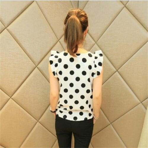 Fashion Vintage Dots Blouse Women Casual Chiffon Shirt Sleeveless Ruffle Sleeve Shirt Summer Tops Black White 2021 New
