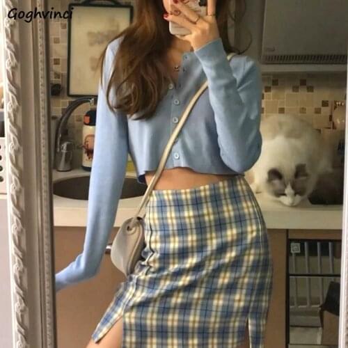 Women Sets Long Sleeve Top Zip-up Plaid-skirt Side-slit High-waist Sweet Korean Womens 2pcs Leisure Students Fashion Ulzzang New