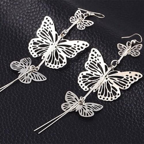 Gold Silver Double Butterfly Earrings Women Hollow Drop Big Dangle Charm Long Tassel Earring Bohemian Jewelry Accessories