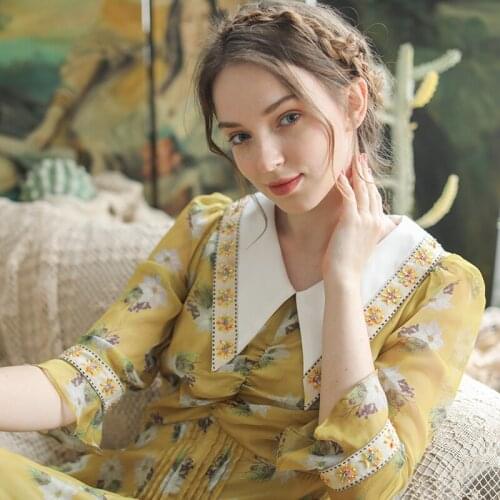 2020 Women Spring Summer Vintage Elegant Slim Dresses Womens Sundress Floral Print Yellow Chiffon Dress Clothes