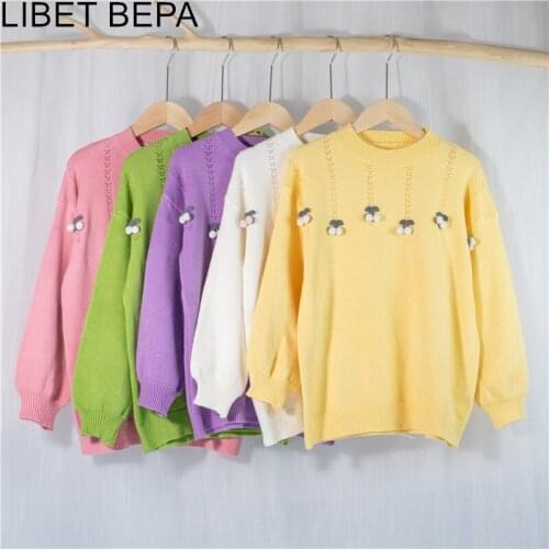 New 2021 Autumn Winter Women Sweater Casual Knitted Pullovers Cutout Embroidery Flowers Korean Wild Ladies Pink Jumpers SW1082