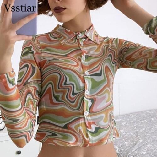 Vsstiar Women Paisley Crop Top Long Sleeve Button Printed Casual Sexy Blouse Fashion 2021 Autumn Winter Abstract Collar Shirts