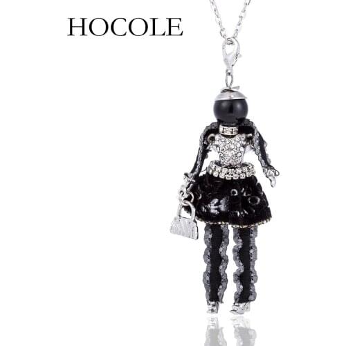 HOCOLE 2018 New Handmade Doll Necklace Lovely Long Chain Black Dress Rhinestone Pendant Necklace Women Girl Kids Jewelry gift