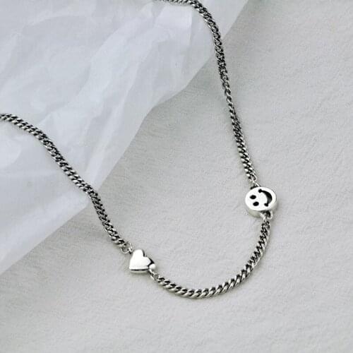 Love Heart Smile Face 925 Sterling Silver Pendant Necklace For Women Simple Vintage Designer Chain Jewelry Gift