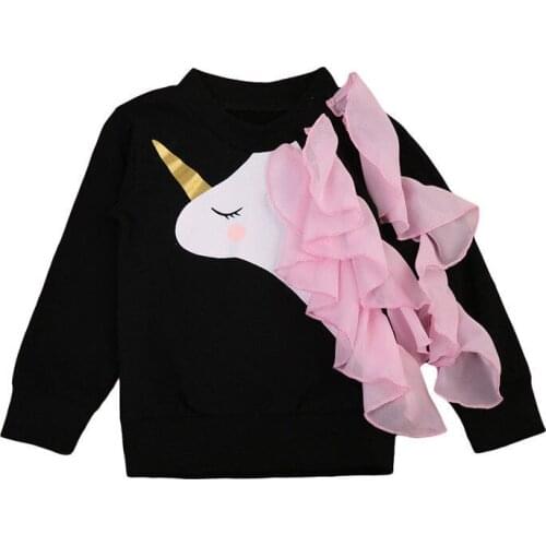 2019 Girls Unicorn Tops T-shirt for Girls Long Sleeve Black Shirts Cartoon T Shirt Rainbow Top Pony Printed Shirt Kids Clothes