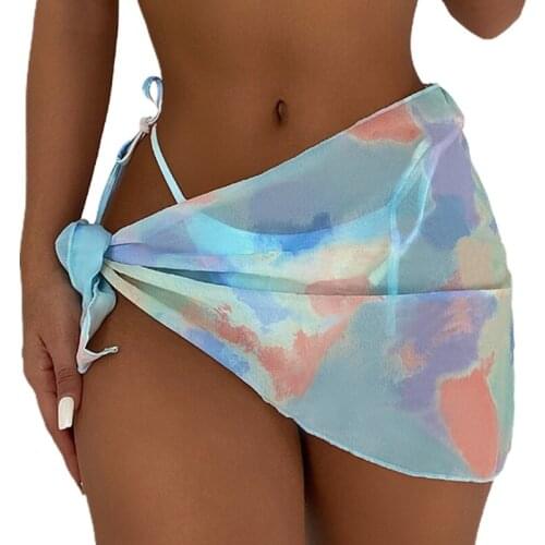 40GC Women Summer Short Sarong Beach Wrap Skirt Irregular Rainbow Tie-Dye Sheer Mesh Bikini Swimsuit Cover Up Sunscreen Scarf