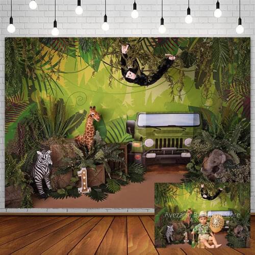 Avezano 1st Jungle Birthday Backdrop Safari Newborn Boy Green Photography Background Studio Animal Car Decor Photozone Photocall