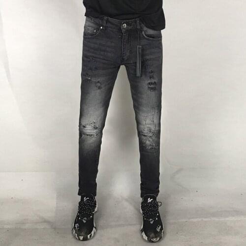 Streetwear Denim Punk Trousers Fashion Designer Men Jeans Retro Black Gray Slim Fit Ripped Jeans For Men Patches Hip Hop Pants