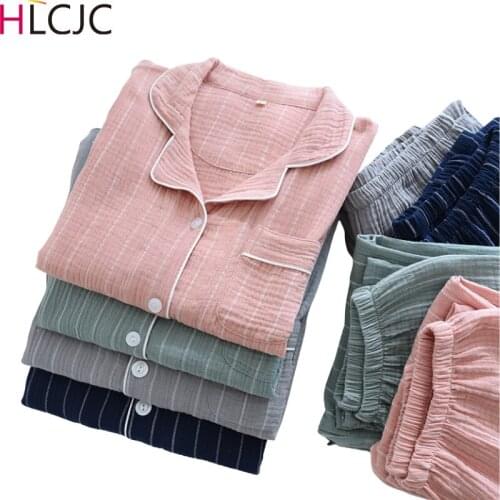 Four Seasons Woven Cotton Lapel Plus Size Crepe Couple Pajamas Men and Women Double Gauze Home Set Pink Striped Sleeping Tops