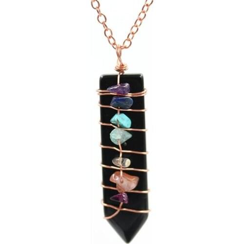 FYJS Unique Rose Gold Color Wire Wrap Sword Shape Black Agates Pendant Healing Chakra Necklace Meditation Jewelry