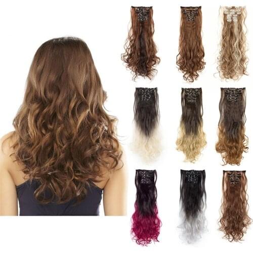 Fake Hair 24'' 6PCS Clips In Hair Extensions Wavy Curly Synthetic Hair Extensions Clips In High Temperature Fiber Hairpiece
