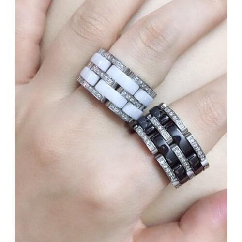 Stainless steel Brand ceramic Rings for Women Men Couples Cubic Zirconia Wedding band ring soft white black ceramics rings