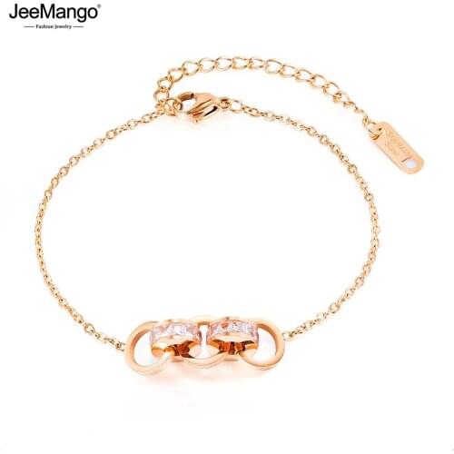 JeeMango Fashion Stainless Steel Double Circle Charm Bracelets Bohemia CZ Crystal Link & Chain Bracelet For Women Girls JB17091