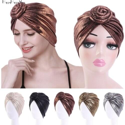 Fashion Womens Vintage Metallic Metallic Turban Shiny Hijab Head Wrap Beanie Hat Muslim Headwear Hair Loss Cap Chemo Headscarf