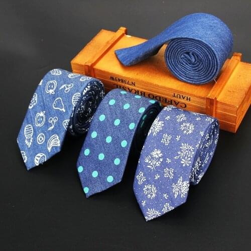 Cotton Denim Ties Mens Black Blue Solid Color Tie Narrow 6cm Width Necktie Slim Skinny Cravate Dot Flower Business Neckties