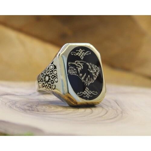 Tesbihane Personalized Name and Picture Pattern Cabochons Square 925 Sterling Silver Men 'S Ring