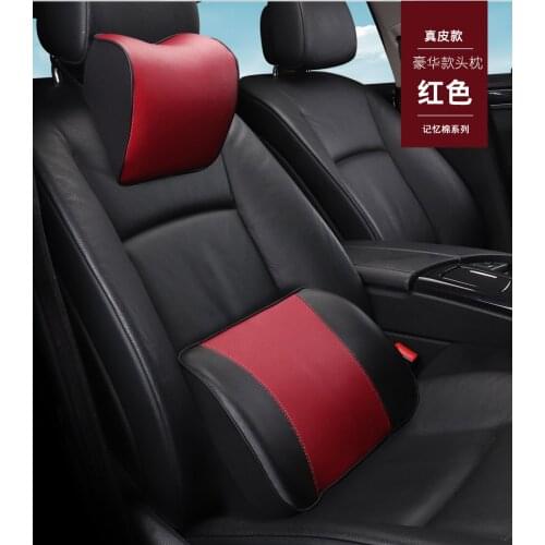 Genuine Leather Car Neck Pillow Set Memory Foam Auto Headrest Lumbar Seat Supports Cushion Universal Back Pillows Accessories