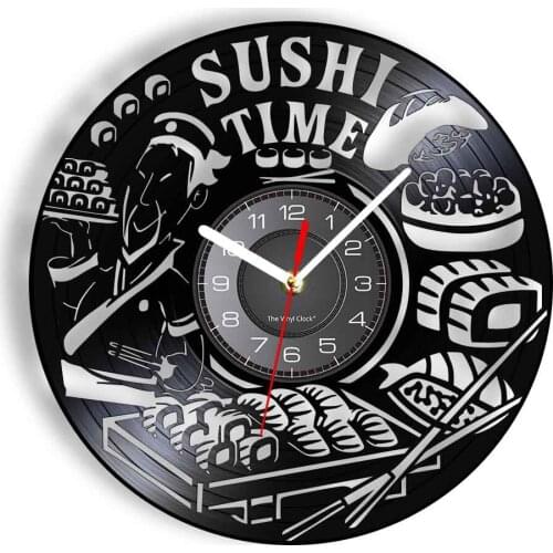Japanese Cuisine Wall Clock Vinyl Record Modern Design Sushi Rolls Time Watch Bar Japanese Sashimi Asian Restaurant Gourmet Gift