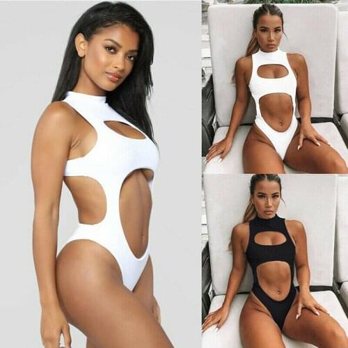 New Style Women One-Piece Suit Hollow Out Push Up Padded Swimsuit Swimwear Romper Solid Suit Zipper Turtleneck Fashion Hot 2019