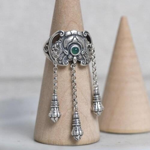 Natural Hetian Jasper Bat Thai Silver Tassel Opening Ring Retro Designer Craft Light Luxury Charm Womens Brand Jewelry