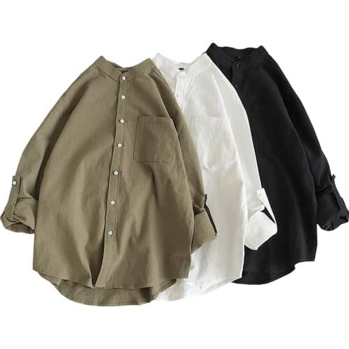 Streetwear Solid Colors Men Long Sleeve Shirts Fashion Mandarin Collar 100% Cotton White Black Shirt Soft Dress Shirts