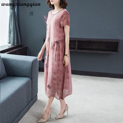 Print Silk Dress Women Summer Cotton Retro Dress Loose Middle-aged Mom Bamboo Pattern O-Neck A-Line Vestidos 2020 Womens Z42