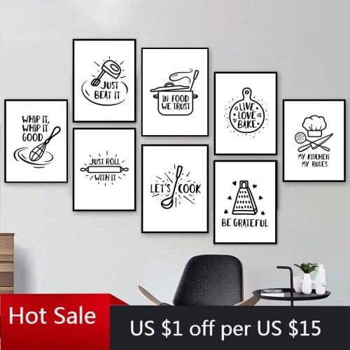 Nordic Cartoon kitchenware Art Canvas Painting Print And Poster Black White Cooking Quote Wall Decor Pictures Kitchen Room Decor