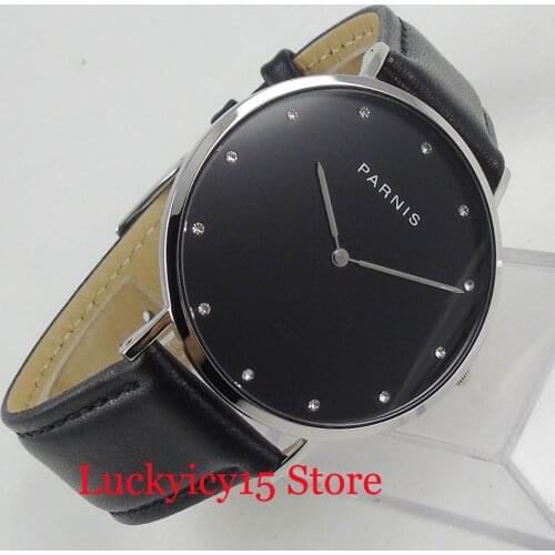 Top Brand Round Quartz Mens Watch With Simple Dial Black Leather Strap 41mm Wristwatch