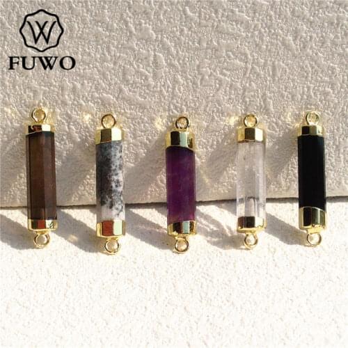 FUWO Gems stone Tube Connector Pendant 24K Electroplated High Quality Natural Crystal Quartz Bar Jewelry For DIY Making PD109