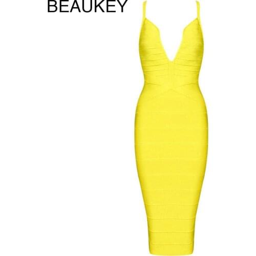 BEAUKEY 4 Clolors Spaghetti Strap Deep V Neck Knee Length Bodycon New Fashion 2015 Yellow Bandage Dress