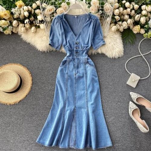Denim Dress Women 2021 Summer New Vintage Short Puff Sleeve V Neck Vestidos Single Breasted High Waist Long Dresses