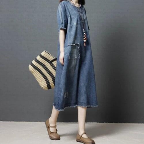 Women Denim Dress Korean Style Blue Vintage 2021 Summer New O-Neck Patchwork Female Clothes Casual Dresses Loose