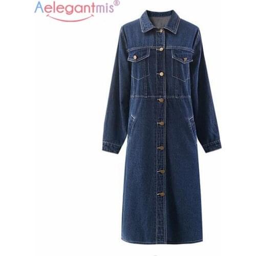 Aelegantmis 2021 New Vintage Loose Long Sleeve Denim Dress with Belt Women Oversized Elegant Dress Single Breasted Dress Autumn