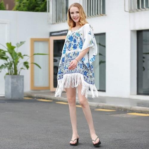 2020 European and American printed fringed beach chiffon skirt