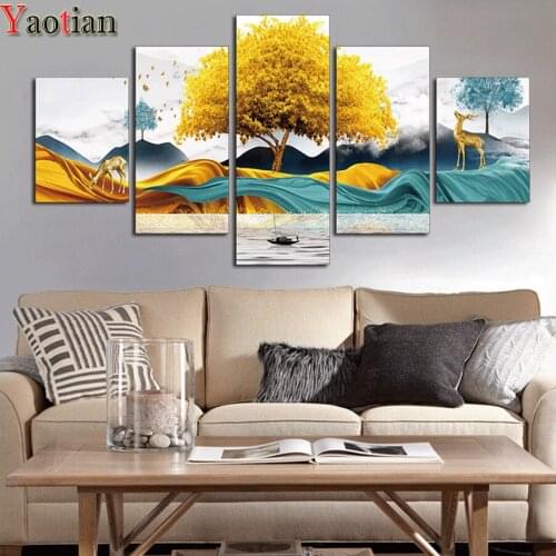 5 Panels Diamond painting Purple Red Tree landscape Full Square Round drill DIY Diamond Embroidery Cross stitch Kits mosaic art
