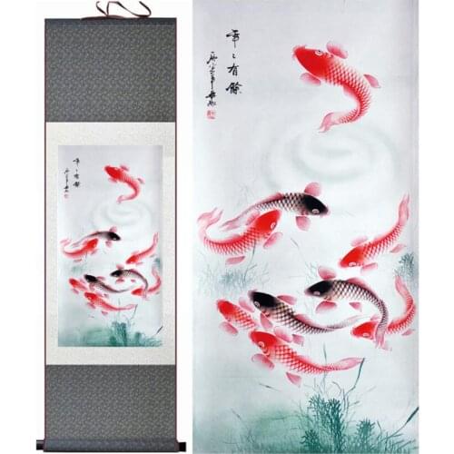 Free shipping Fish painting Silk painting traditional art Chinese painting fish playing art painting FISH in the water