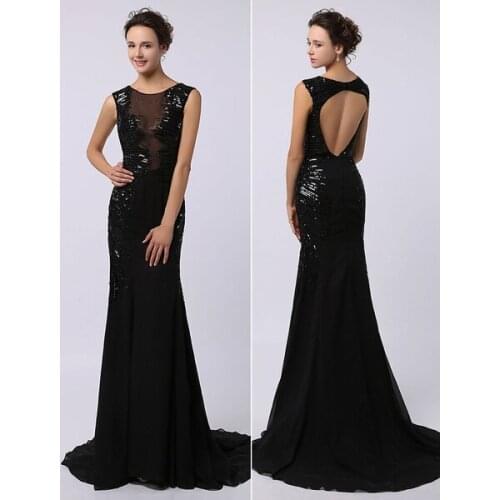 Black Sequined Dress with Look Through Bodice Keyhole Back and subtle Train mermaid Evening Dress 2020