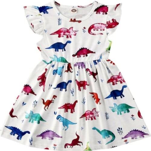 1-6T Toddler Kids Baby Girls Clothes Short Sleeve Ruffles Cartoon Dinosaur Dress Elegant Cute Sweet Party Princess dress