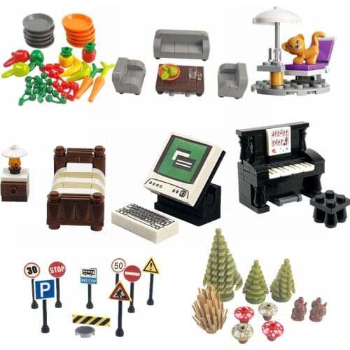 City MOC Series Toys For Children Traffic Sign Creactor Piano Flowers Educational DIY Models Cities Compatible Building Blocks