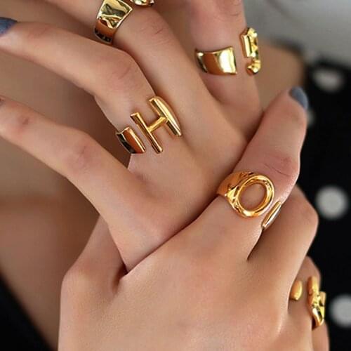 Hot Hollow 26 Letters Gold Color Metal Adjustable Opening Ring A-Z Initials Name Alphabet Female Party Jewelry Wholesale