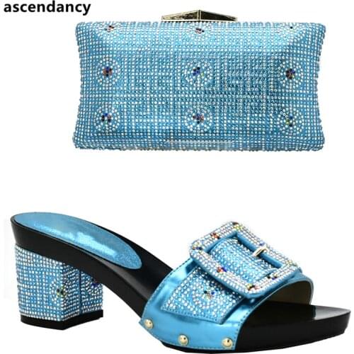 Sky Blue Color Italian Matching Shoe and Bag Set Ladies Italian Shoes and Bag Set Decorated with Rhinestone Nigerian Women Shoes