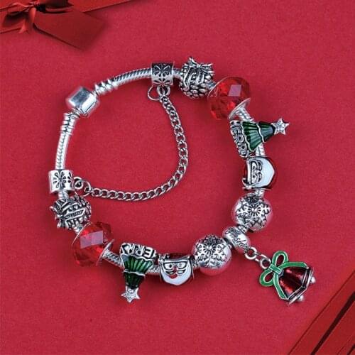 Red Crystal Enamel Christmas Bell Tree Fashion Charm Bracelet Tibetan Silver Snowflake Grae Diy Bead Bracelet & Bangle