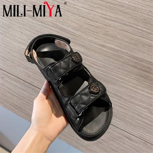 MILI-MIYA New Arrival Casual Women Cow Leather Sandals Solid Color Hook-Loop Flat Heels Round Toe Comfortable Street Summer Shoe