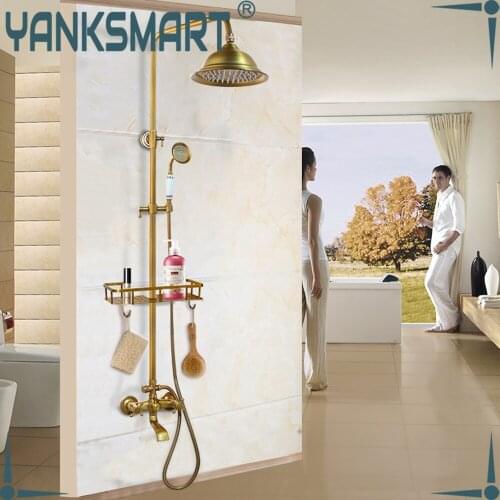 YANKSMART Antique Brass Shower Faucets Set 8'' Rainfall Shower Head Commodity Shelf Handle Mixer Tap Swivel Spout Bath Shower